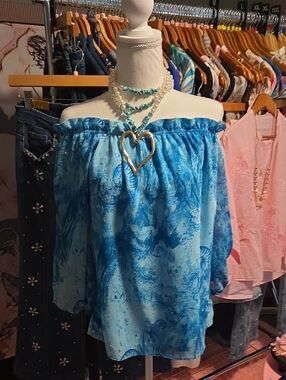 White House Black Market Off-Shoulder Blue Printed Blouse